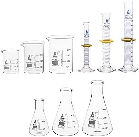 EISCO Laboratory Glassware Set, 9pcs - Includes Beaker Set (3pcs), Erlenmeyer Flask Set (3pcs), ASTM Class A Graduated Cylinder Set (3pc) - Chemistry Glassware - Made of Borosilicate 3.3 Glass