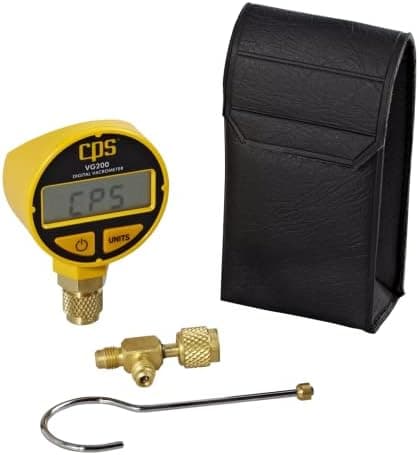 CPS VG200 Digital Vacrometer Vacuum Gauge, Measures Microns, Millibar, TORR, Inches/HG, Two Button Operation, Automatic Temperature Compensation, 5-digit LCD Display, Padded Case, T-Fitting and Hook