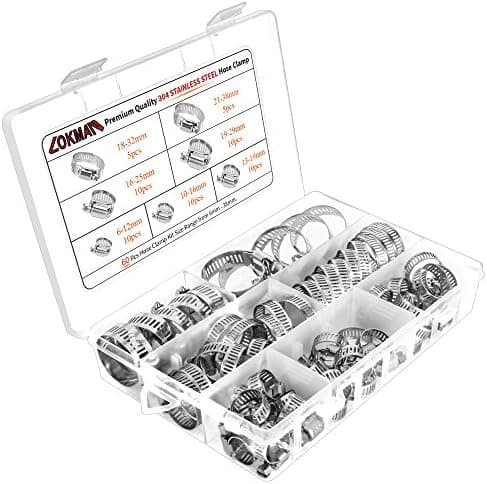 LOKMAN Stainless Steel Hose Clamp Assortment Kit- 60 Pieces, Adjustable 1/4''- 1-1/2'' (6-38mm) Worm Gear Metal Fuel Line Clamp for Plumbing, Automotive And Mechanical Applications