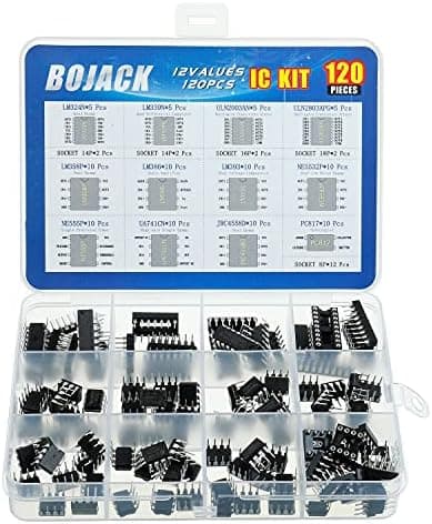 BOJACK 12 Values 120 Pcs Opamp Timer Darlington Phototcoupler LM324 LM339 ULN2003AN ULN2803APG LM358P LM386 LM393 NE5532P NE555P UA741CN JRC4558D PC817 IC Assortment Kit