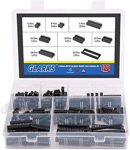 Glarks 122Pcs 2.54mm Pitch 6 8 14 16 18 24 28 40 Pin DIP IC Sockets Solder Type Adaptor Assortment Kit
