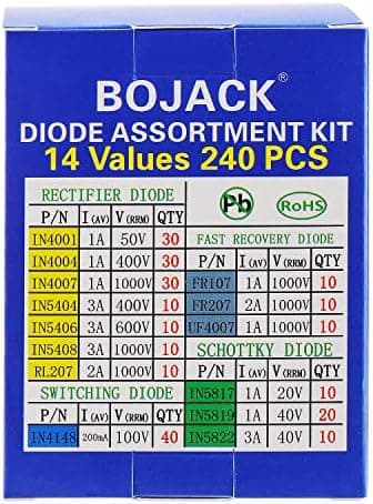 BOJACK 14 Value 240 pcs Diode Assortment Kit Contain Rectifier/Fast Recovery/Schottky/Switching Diode 1N4001 1N4004 1N4007 1N5404 1N5406 1N5408 RL207 FR107 FR207 UF4007 1N5817 1N5819 1N5822 1N4148