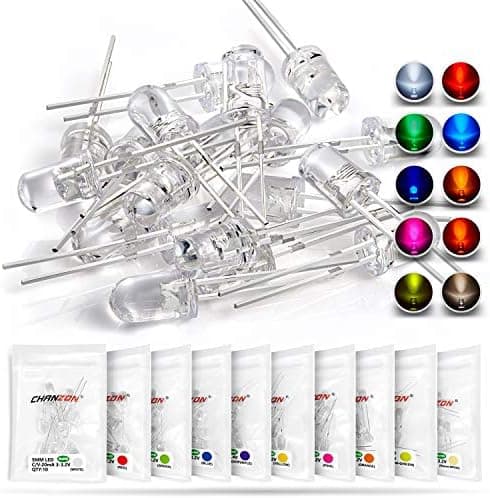 CHANZON 100pcs 5mm LED Diode Lights Assortment 10 Colors x 10pcs Diodes (Clear Transparent Lens) Emitting Lighting Bulb Lamp Assorted Kit Variety Color White Red Yellow Green Blue Orange UV Pink