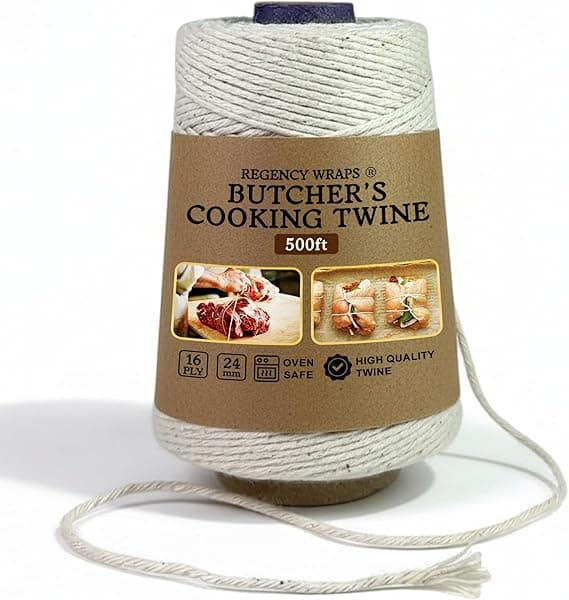 Regency Wraps Butchers Cooking Twine, Heavy Duty, 500ft,16 Ply, 2.4mm, Food-Safe Cotton Kitchen String for Turkey Trussing, Meat Prep, Crafting, Natural, Pack of 1