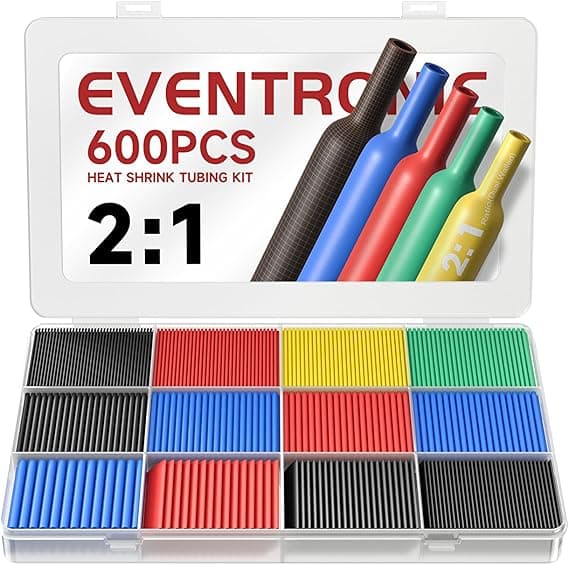 Eventronic 600PCS Heat Shrink Tubing 2:1, Electrical Wire Cable Wrap Assortment Electric Insulation Heat Shrink Tube Kit with Box(5 colors/12 Sizes), Black, Red, Blue, Yellow, Green