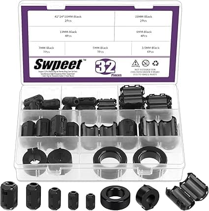 Swpeet 32Pcs 7 Sizes Clip-on Ferrite Ring Core with Toroid Core Assortment Kit, RFI EMI Noise Suppressor Cable Clip for 3.5/5/7/9/13/15/42 * 24 * 16mm Diameter HDMI USB Cable